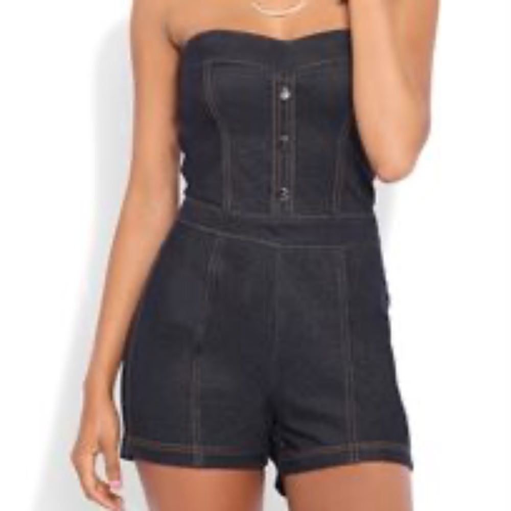 NEW Like An Angel Stretchy Strapless High Waisted Knit Denim  Fit Romper M - Picture 3 of 17